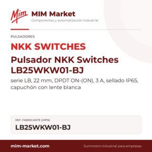 Pulsador NKK Switches LB25WKW01-BJ – serie LB, 22 mm, DPDT ON-(ON), 3 A, sellado IP65, capuchón con lente blanca