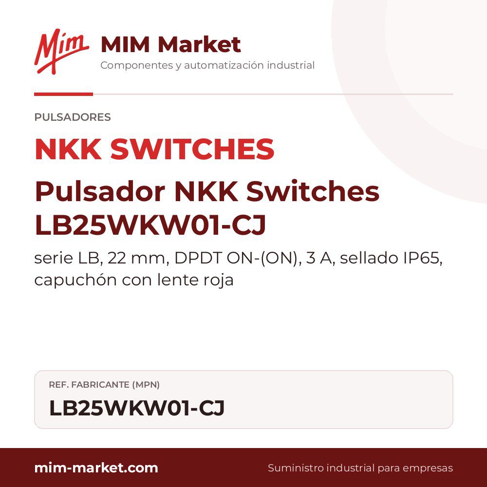 Pulsador NKK Switches LB25WKW01-CJ – serie LB, 22 mm, DPDT ON-(ON), 3 A, sellado IP65, capuchón con lente roja