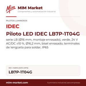 Piloto LED IDEC LB7P-1T04G – serie LB (Ø16 mm, montaje enrasado), verde, 24 V AC/DC ±10 %, Ø16,2 mm, bisel enrasado, terminales de lengüeta para soldar, IP65