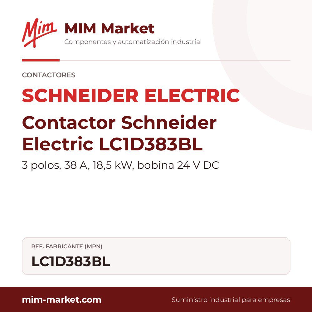 Contactor Schneider Electric LC1D383BL – 3 polos, 38 A, 18,5 kW, bobina 24 V DC