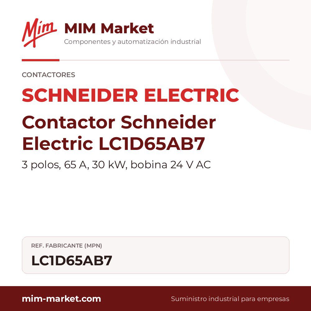 Contactor Schneider Electric LC1D65AB7 – 3 polos, 65 A, 30 kW, bobina 24 V AC