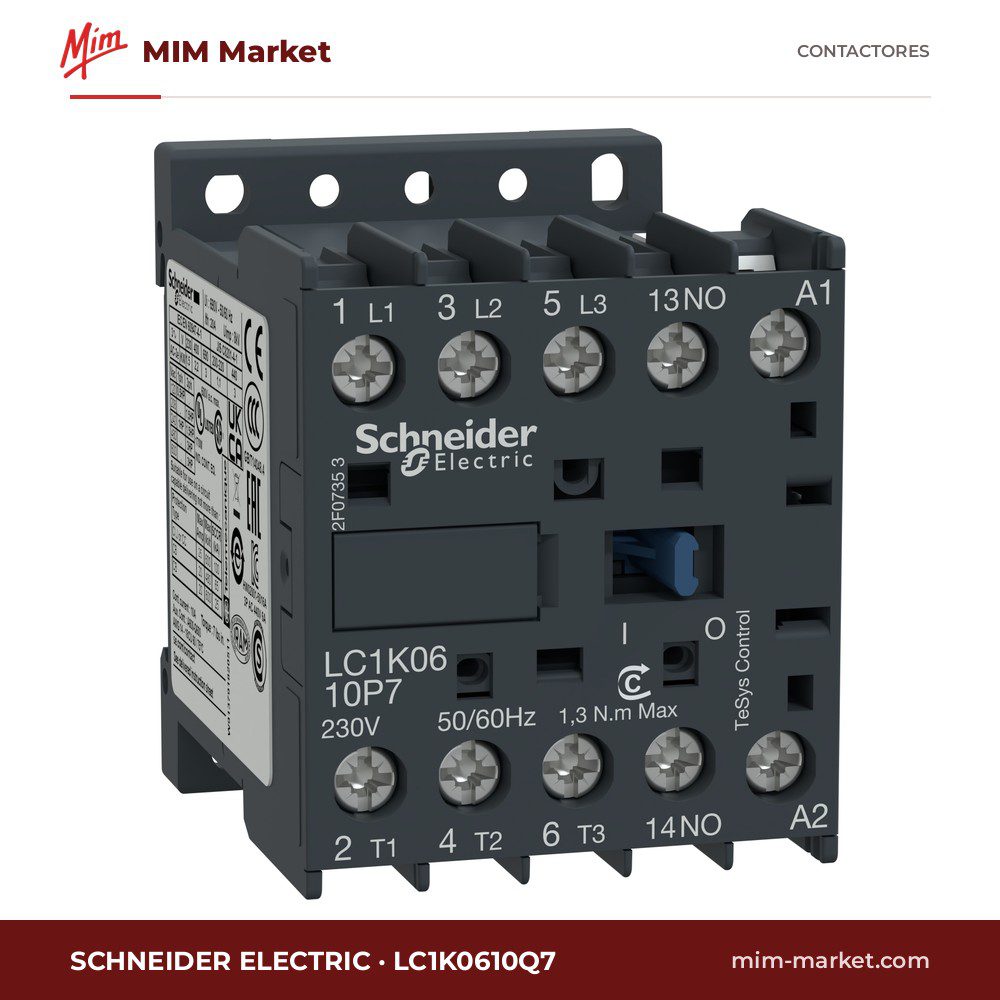 Contactor Schneider Electric LC1K0610Q7 – 3 polos, 6 A, 3 kW, bobina 380 V AC