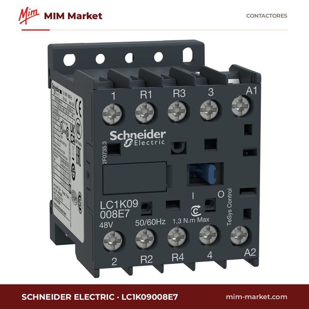 Contactor Schneider Electric LC1K09008E7 – 4 polos, 9 A, 4 kW, bobina 48 V AC