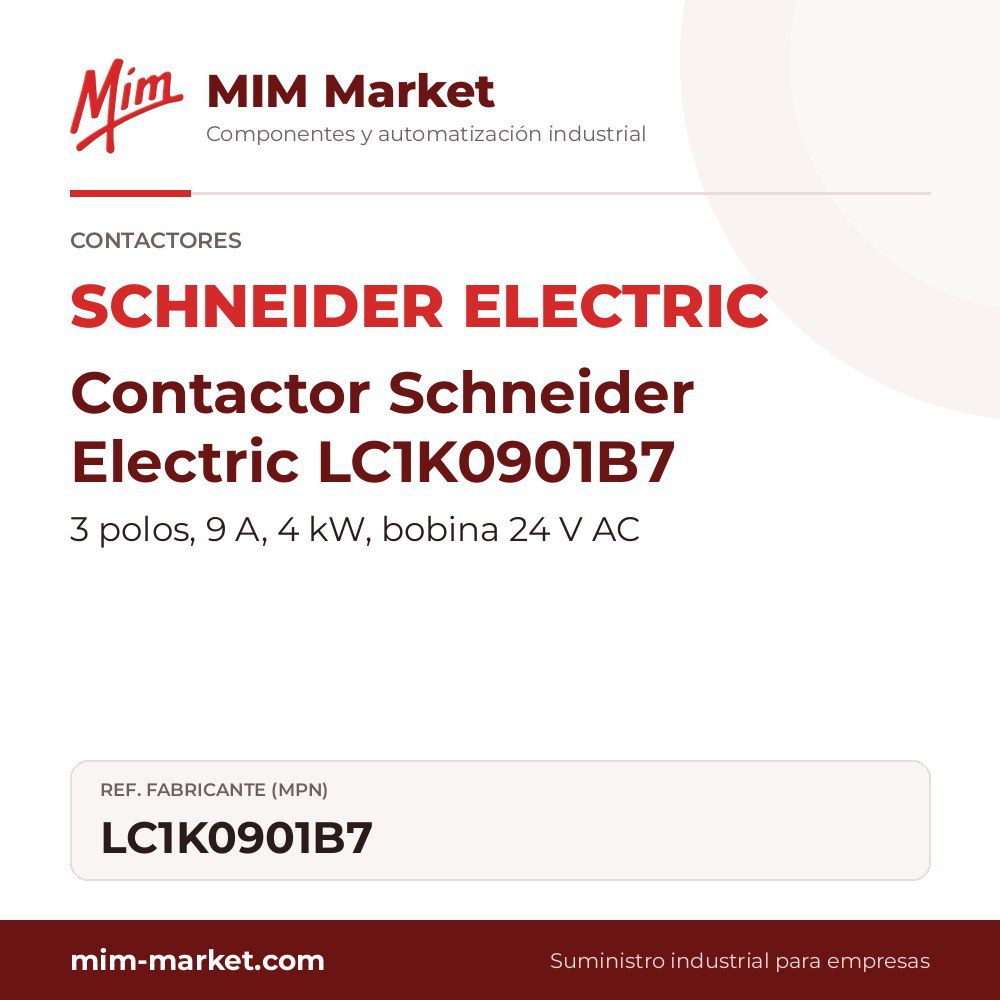 Contactor Schneider Electric LC1K0901B7 – 3 polos, 9 A, 4 kW, bobina 24 V AC