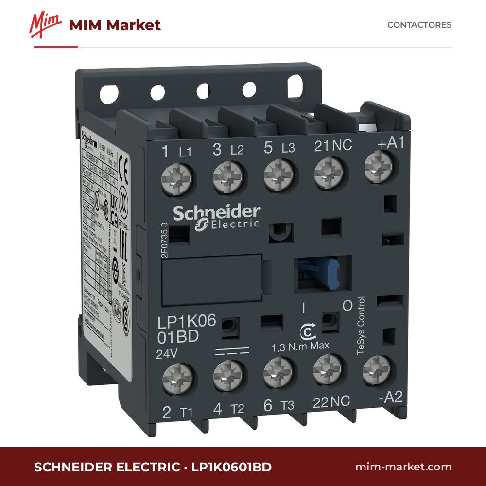 Contactor Schneider Electric LP1K0601BD – 3 polos, 6 A, 2,2 kW, bobina 24V DC
