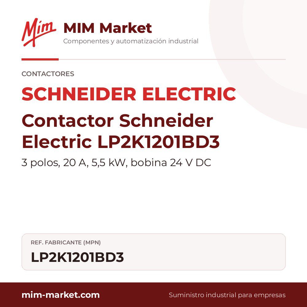 Contactor Schneider Electric LP2K1201BD3 – 3 polos, 20 A, 5,5 kW, bobina 24 V DC