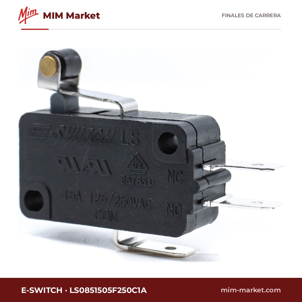 Microrruptor estándar E-Switch LS0851505F250C1A – serie LS, SPDT, 15 A a 125/250 V AC, palanca con rodillo, faston