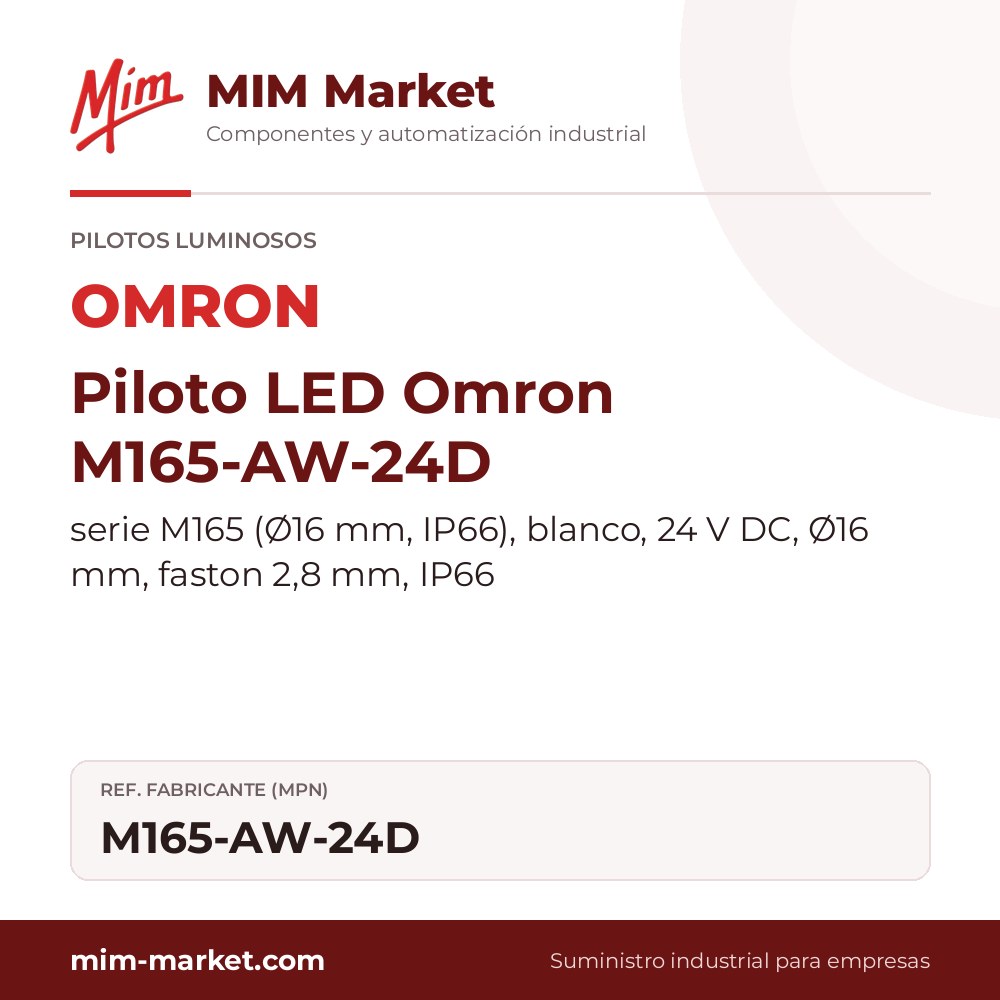 Piloto LED Omron M165-AW-24D – serie M165 (Ø16 mm, IP66), blanco, 24 V DC, Ø16 mm, faston 2,8 mm, IP66