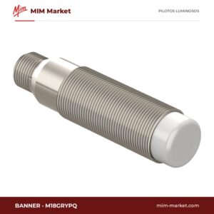 Piloto LED Banner M18GRYPQ – serie M18 EZ-LIGHT (barril metálico M18), tricolor verde/rojo/amarillo, 10 … 30 V DC, Ø18 mm, conector M12 integrado, IP67