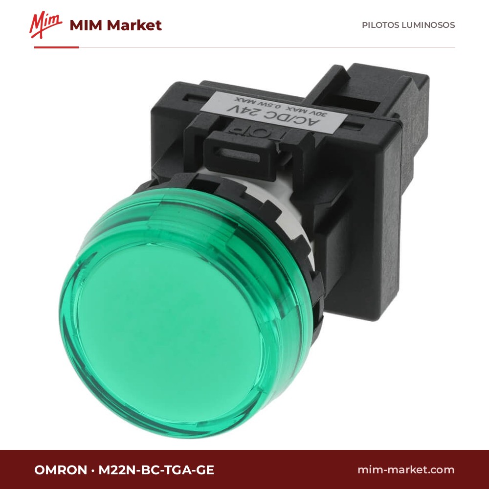 Piloto LED Omron M22N-BC-TGA-GE – serie M22N (Ø22 mm), verde, 200/220/230/240 V AC, Ø22,3 mm, bornes de tornillo, IP66, NEMA 4X, 13