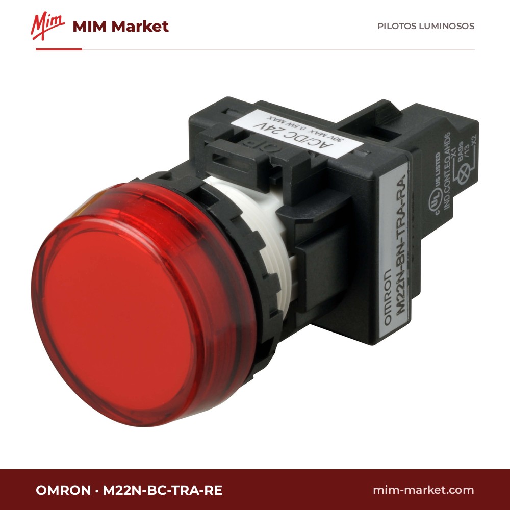 Piloto LED Omron M22N-BC-TRA-RE – serie M22N (Ø22 mm), rojo, 200/220/230/240 V AC, Ø22,3 mm, bornes de tornillo, IP66, NEMA 4X, 13