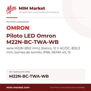 Piloto LED Omron M22N-BC-TWA-WB – serie M22N (Ø22 mm), blanco, 12 V AC/DC, Ø22,3 mm, bornes de tornillo, IP66, NEMA 4X, 13