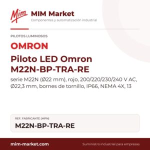 Piloto LED Omron M22N-BP-TRA-RE – serie M22N (Ø22 mm), rojo, 200/220/230/240 V AC, Ø22,3 mm, bornes de tornillo, IP66, NEMA 4X, 13