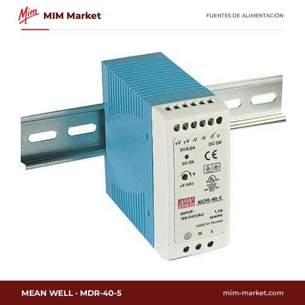 Fuente de alimentación carril DIN MEAN WELL MDR-40-5 – 5 V DC, 6 A, 30 W