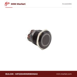 Pulsador antivandálico luminoso Bulgin MP22SMRINRB006A5 – serie MP22, 22 mm, aluminio negro, momentáneo SPDT, anillo LED azul 6 V, 5 A 250 V, IP65