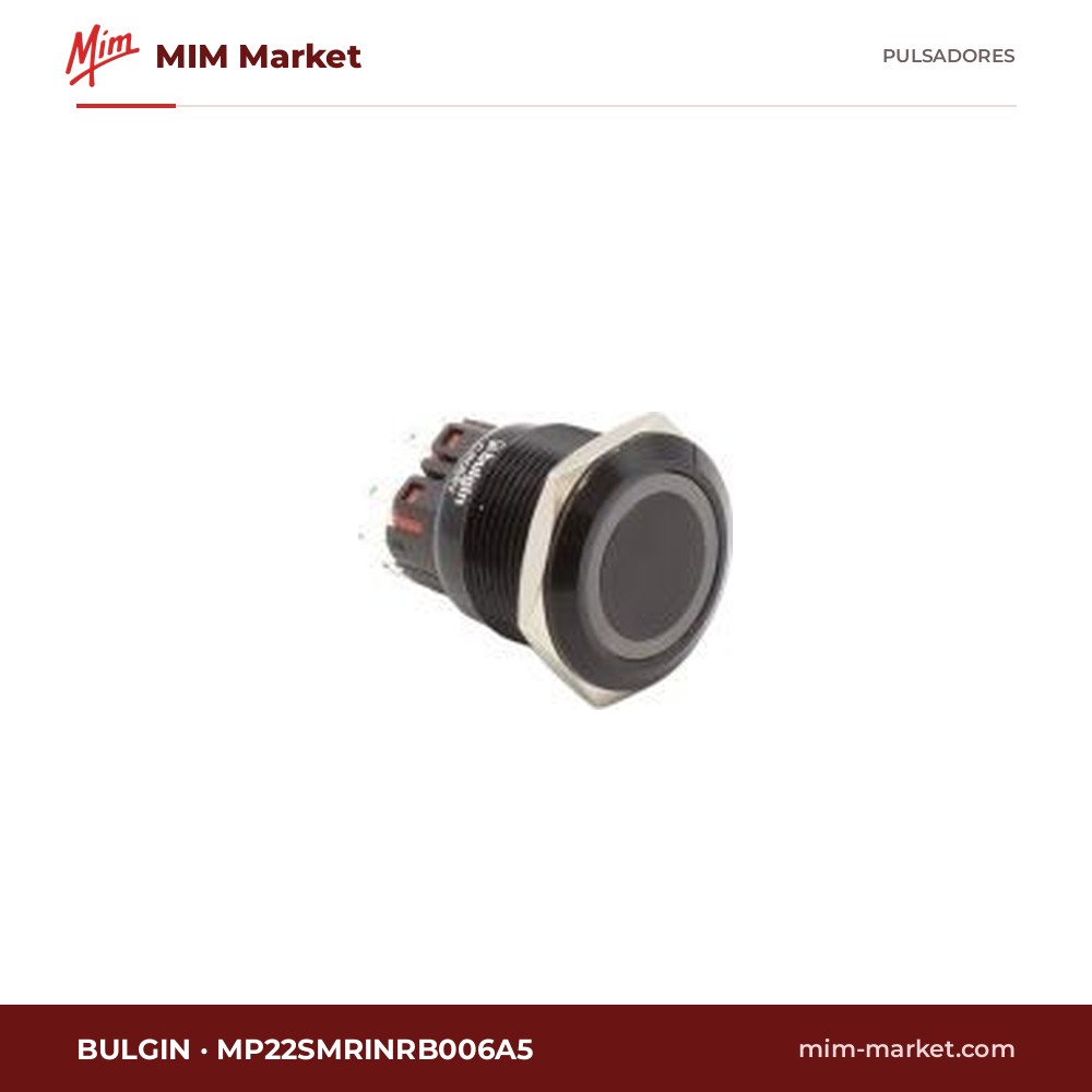Pulsador antivandálico luminoso Bulgin MP22SMRINRB006A5 – serie MP22, 22 mm, aluminio negro, momentáneo SPDT, anillo LED azul 6 V, 5 A 250 V, IP65
