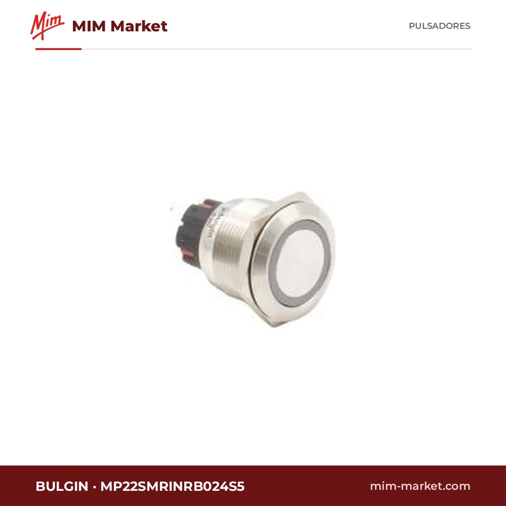 Pulsador antivandálico luminoso Bulgin MP22SMRINRB024S5 – serie MP22, 22 mm, inox, momentáneo SPDT, anillo LED azul 24 V, 5 A 250 V, IP65