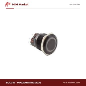 Pulsador antivandálico luminoso Bulgin MP22SMRINRG012A5 – serie MP22, 22 mm, aluminio negro, momentáneo SPDT, anillo LED verde 12 V, 5 A 250 V, IP65