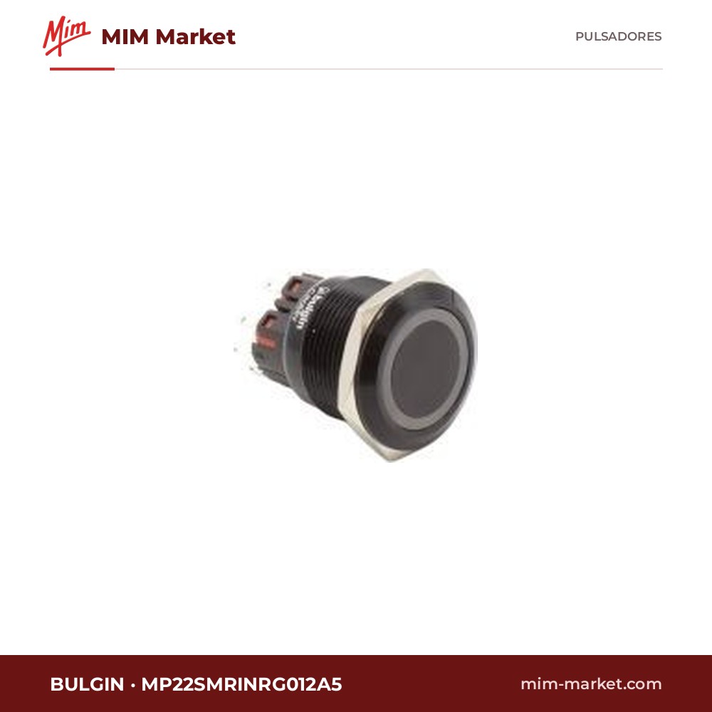 Pulsador antivandálico luminoso Bulgin MP22SMRINRG012A5 – serie MP22, 22 mm, aluminio negro, momentáneo SPDT, anillo LED verde 12 V, 5 A 250 V, IP65