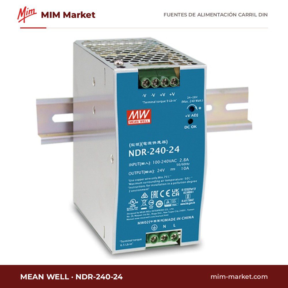 Fuente de alimentación carril DIN MEAN WELL NDR-240-24 – 24 V dc, 10 A, 240 W