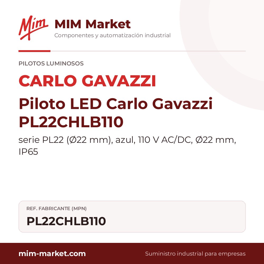 Piloto LED Carlo Gavazzi PL22CHLB110 – serie PL22 (Ø22 mm), azul, 110 V AC/DC, Ø22 mm, IP65