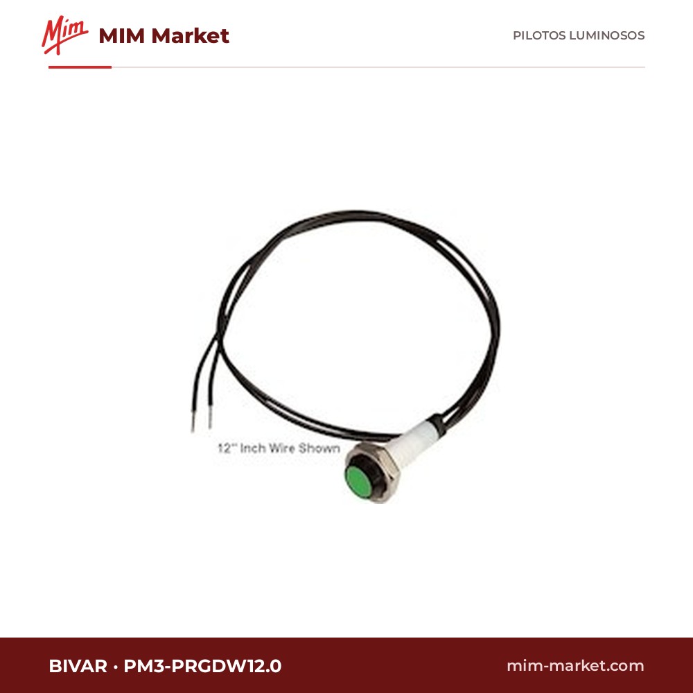 Piloto LED Bivar PM3-PRGDW12.0 – serie PM3, verde, 8…48 V AC/DC, Ø5,84 mm, cables de 304,8 mm, IP67