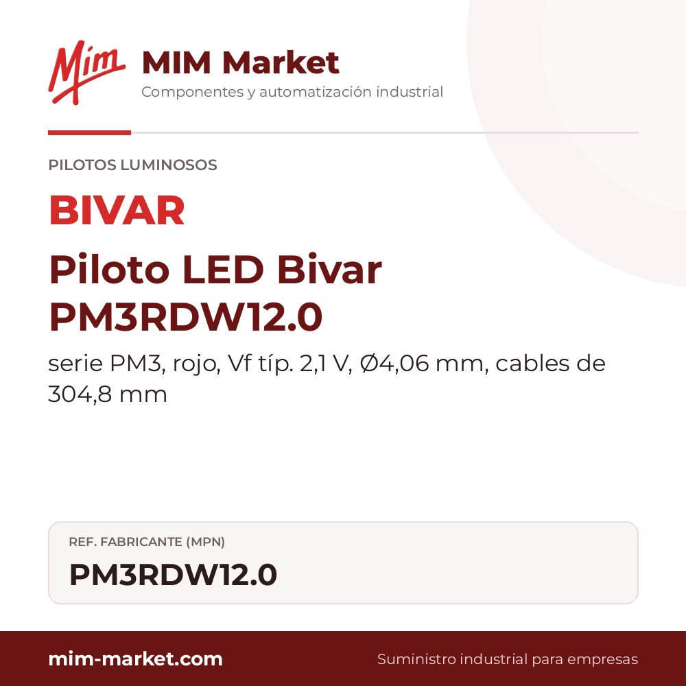 Piloto LED Bivar PM3RDW12.0 – serie PM3, rojo, Vf típ. 2,1 V, Ø4,06 mm, cables de 304,8 mm