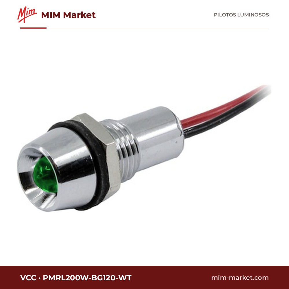 Piloto LED VCC PMRL200W-BG120-WT – serie PMRL200, verde, 120 V, Ø7,92 mm, cables de 152,4 mm