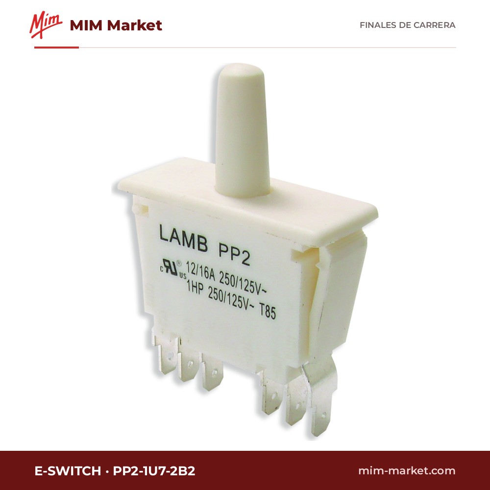 Interruptor de enclavamiento de puerta E-Switch PP2-1U7-2B2 – serie PP2, DPDT, 16 A a 125 V AC, pulsador con posición de servicio, faston