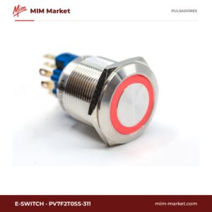 Pulsador antivandálico E-Switch PV7F2T0SS-311 – serie PV7, 22 mm, enclavamiento, anillo LED rojo, IP65
