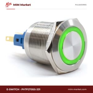 Pulsador antivandálico E-Switch PV7F2T0SS-331 – serie PV7, 22 mm, enclavamiento, anillo LED verde, IP65