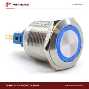 Pulsador antivandálico E-Switch PV7F2T0SS-341 – serie PV7, 22 mm, enclavamiento, anillo LED azul, IP65