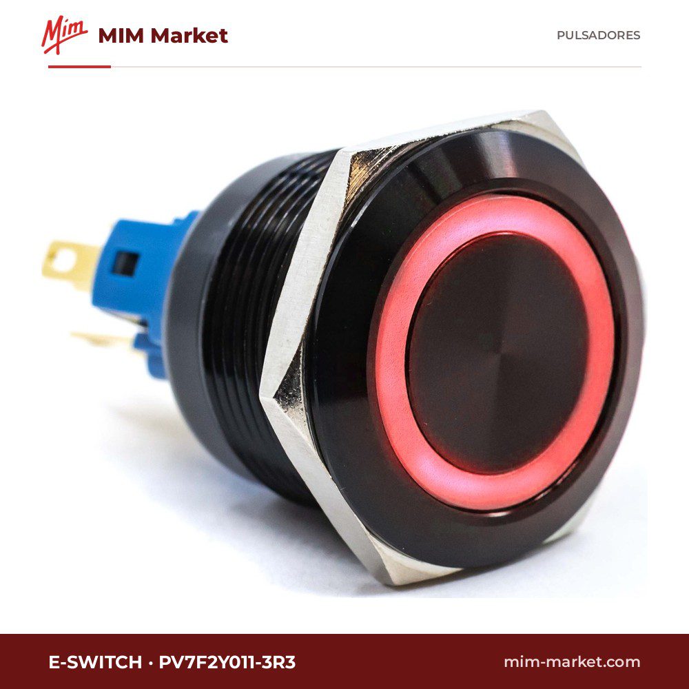 Pulsador antivandálico E-Switch PV7F2Y011-3R3 – serie PV7, 22 mm, momentáneo, anillo LED RGB 6 V, negro, IP65