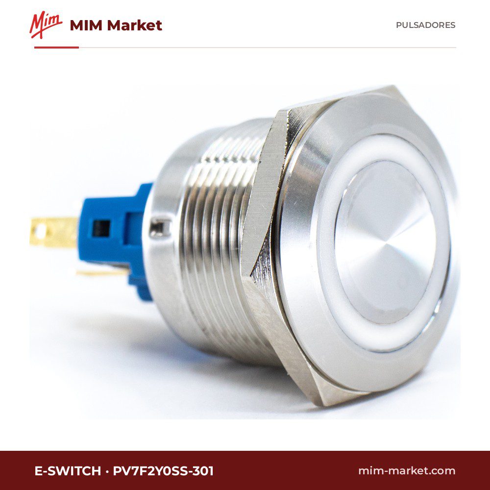 Pulsador antivandálico E-Switch PV7F2Y0SS-301 – serie PV7, 22 mm, momentáneo, anillo LED blanco, IP65