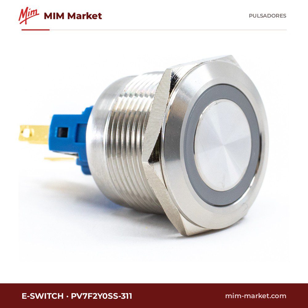 Pulsador antivandálico E-Switch PV7F2Y0SS-311 – serie PV7, 22 mm, momentáneo, anillo LED rojo, IP65