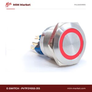 Pulsador antivandálico E-Switch PV7F2Y0SS-315 – serie PV7, 22 mm, momentáneo, anillo LED rojo 24 V, IP65