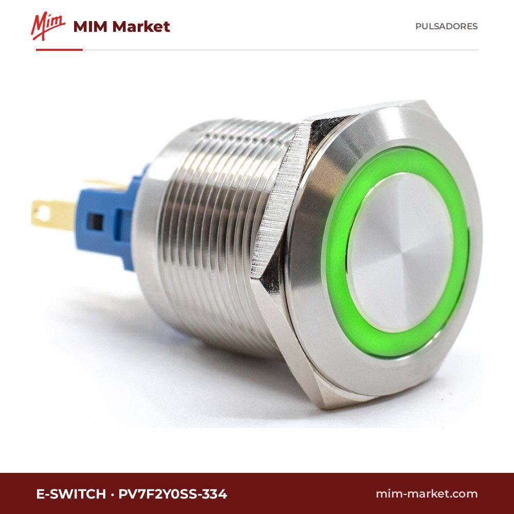 Pulsador antivandálico E-Switch PV7F2Y0SS-334 – serie PV7, 22 mm, momentáneo, anillo LED verde 12 V, IP65