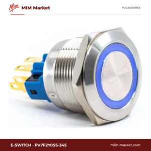 Pulsador antivandálico E-Switch PV7F2Y0SS-345 – serie PV7, 22 mm, momentáneo, anillo LED azul 24 V, IP65