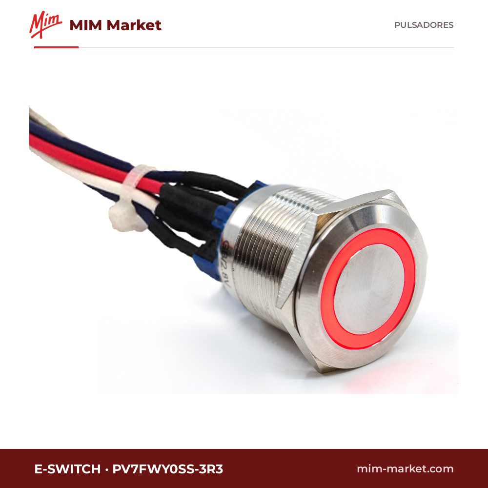 Pulsador antivandálico E-Switch PV7FWY0SS-3R3 – serie PV7, 22 mm, momentáneo, anillo LED RGB 6 V, cables 300 mm, IP65