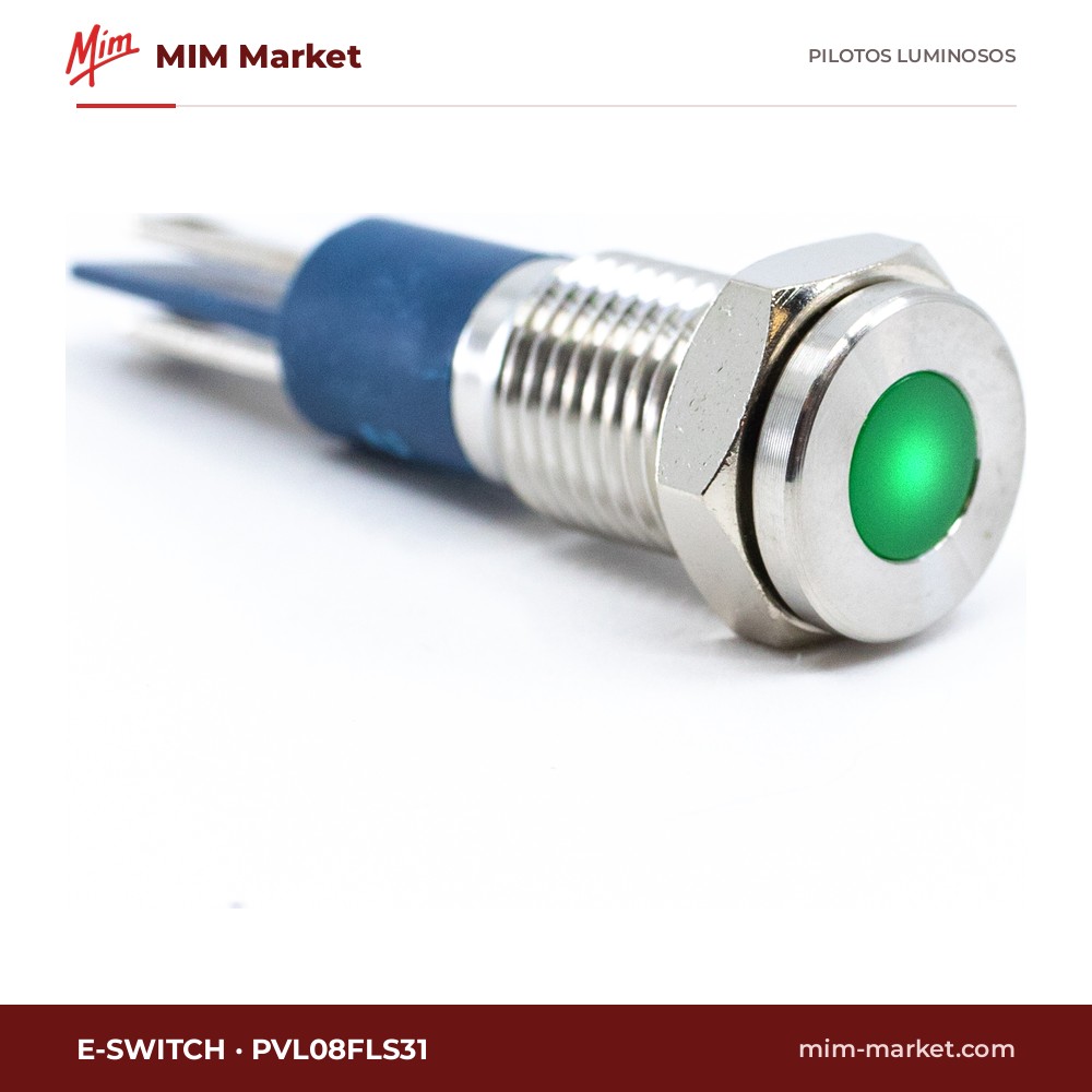 Piloto LED E-Switch PVL08FLS31 – serie PVL, verde, Vf típ. 2,8 V, Ø8 mm, faston 2,8 mm, IP67