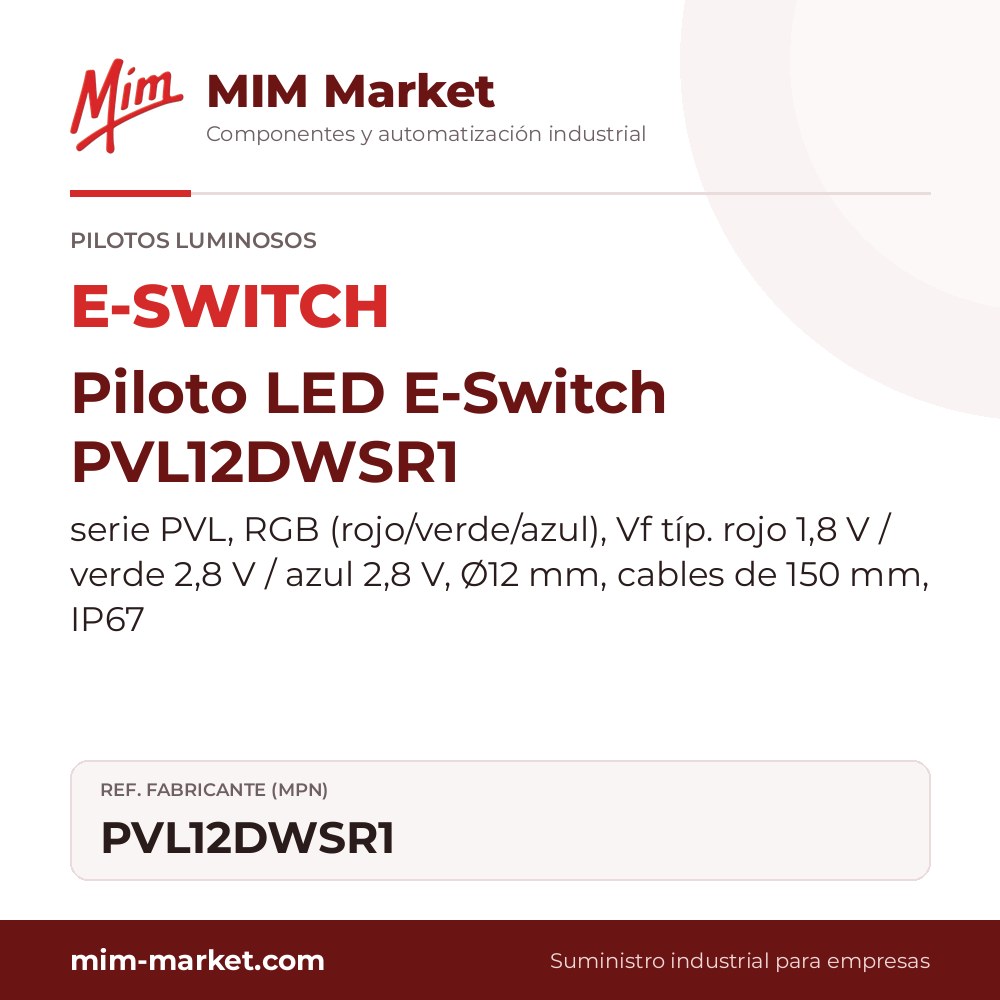Piloto LED E-Switch PVL12DWSR1 – serie PVL, RGB (rojo/verde/azul), Vf típ. rojo 1,8 V / verde 2,8 V / azul 2,8 V, Ø12 mm, cables de 150 mm, IP67