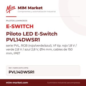 Piloto LED E-Switch PVL14DWSR1 – serie PVL, RGB (rojo/verde/azul), Vf típ. rojo 1,8 V / verde 2,8 V / azul 2,8 V, Ø14 mm, cables de 150 mm, IP67