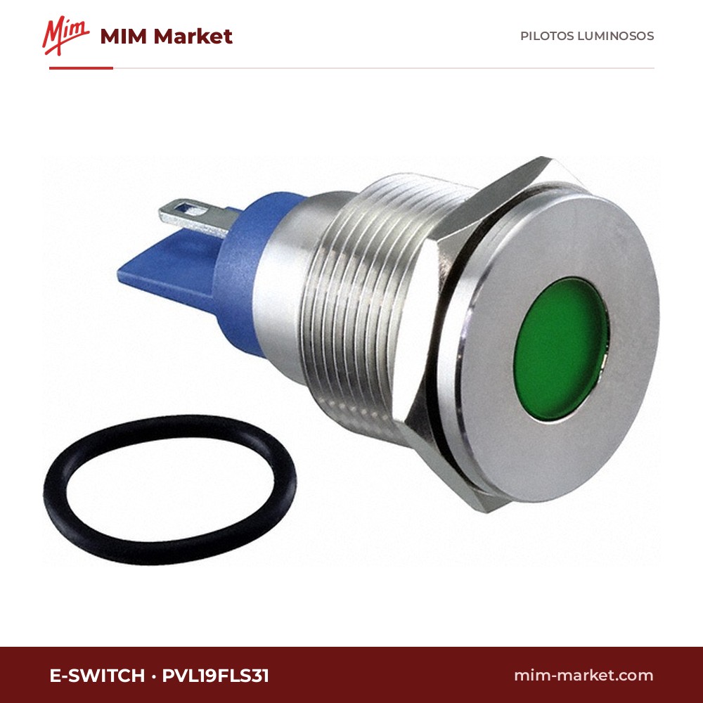 Piloto LED E-Switch PVL19FLS31 – serie PVL, verde, Vf típ. 2,8 V, Ø19 mm, faston 2,8 mm, IP67