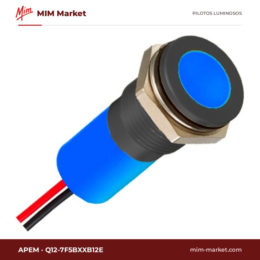 Piloto LED APEM Q12-7F5BXXB12E – serie Q12, azul, 12 V, Ø12,7 mm, bisel negro, cables de 200 mm, IP67