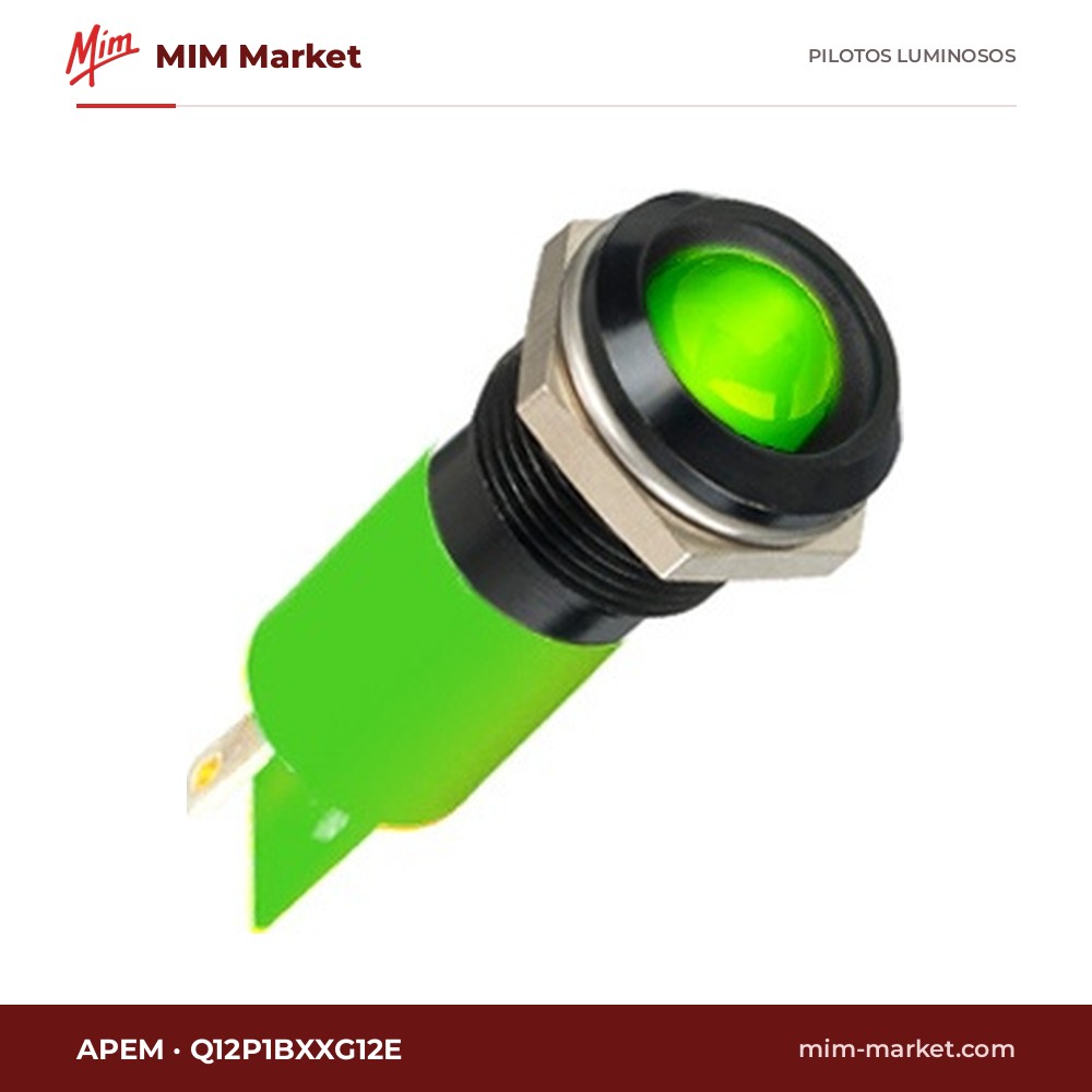 Piloto LED APEM Q12P1BXXG12E – serie Q12, verde, 12 V, Ø11,94 mm, bisel negro, faston 2,8 mm, IP67