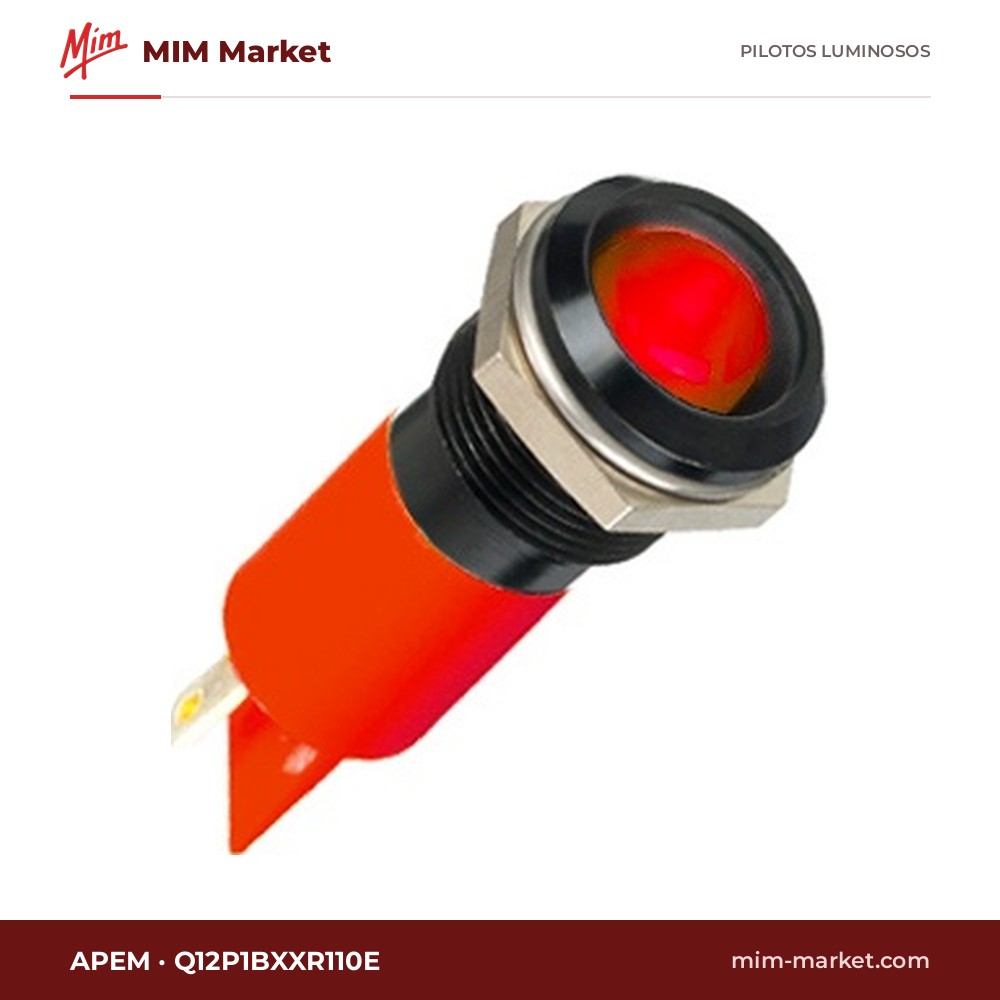 Piloto LED APEM Q12P1BXXR110E – serie Q12, rojo, 110 V, Ø11,94 mm, bisel negro, faston 2,8 mm, IP67