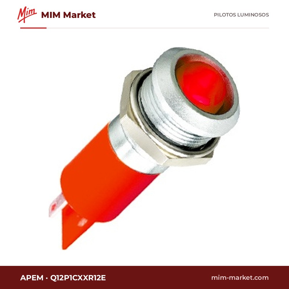 Piloto LED APEM Q12P1CXXR12E – serie Q12, rojo, 12 V, Ø11,94 mm, bisel latón cromo brillante, faston 2,8 mm, IP67