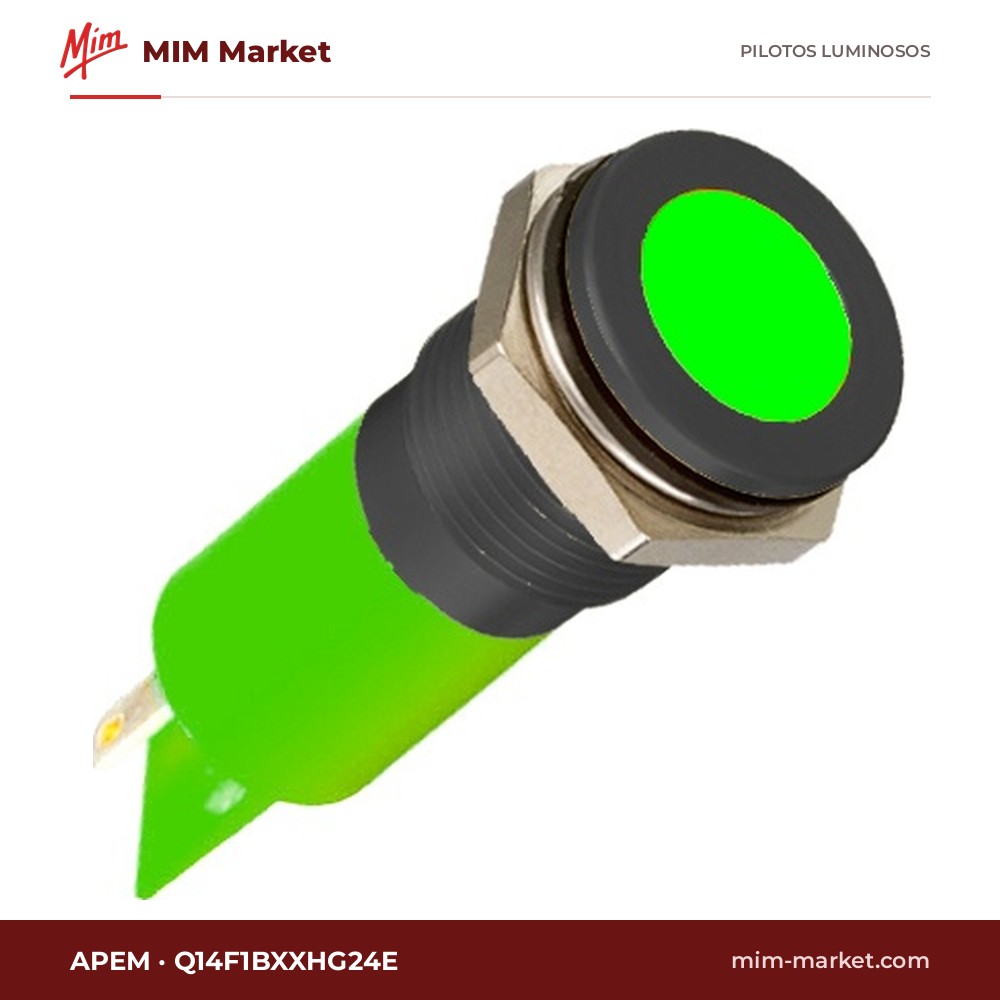 Piloto LED APEM Q14F1BXXHG24E – serie Q14, verde, 24 V, Ø13,97 mm, bisel negro, faston 2,8 mm, IP67