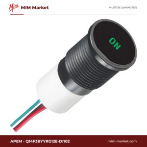 Piloto LED APEM Q14F3BYYRG12E-DI102 – serie Q14, bicolor verde/rojo, 12 V DC, Ø14 mm, bisel negro, 3 cables de 200 mm, IP67