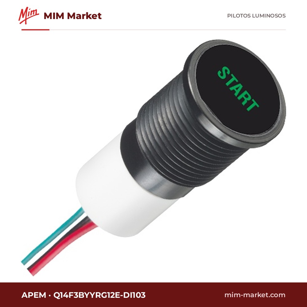 Piloto LED APEM Q14F3BYYRG12E-DI103 – serie Q14, bicolor verde/rojo, 12 V DC, Ø14 mm, bisel negro, 3 cables de 200 mm, IP67